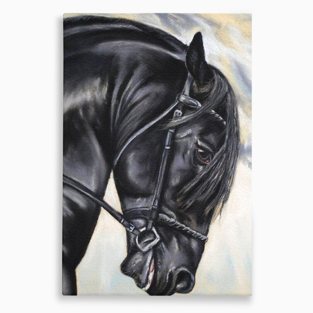 Tablou canvas cu tablou canvas cu pictura de armasar negru in profil, fara rama, pe sasiu de lemn